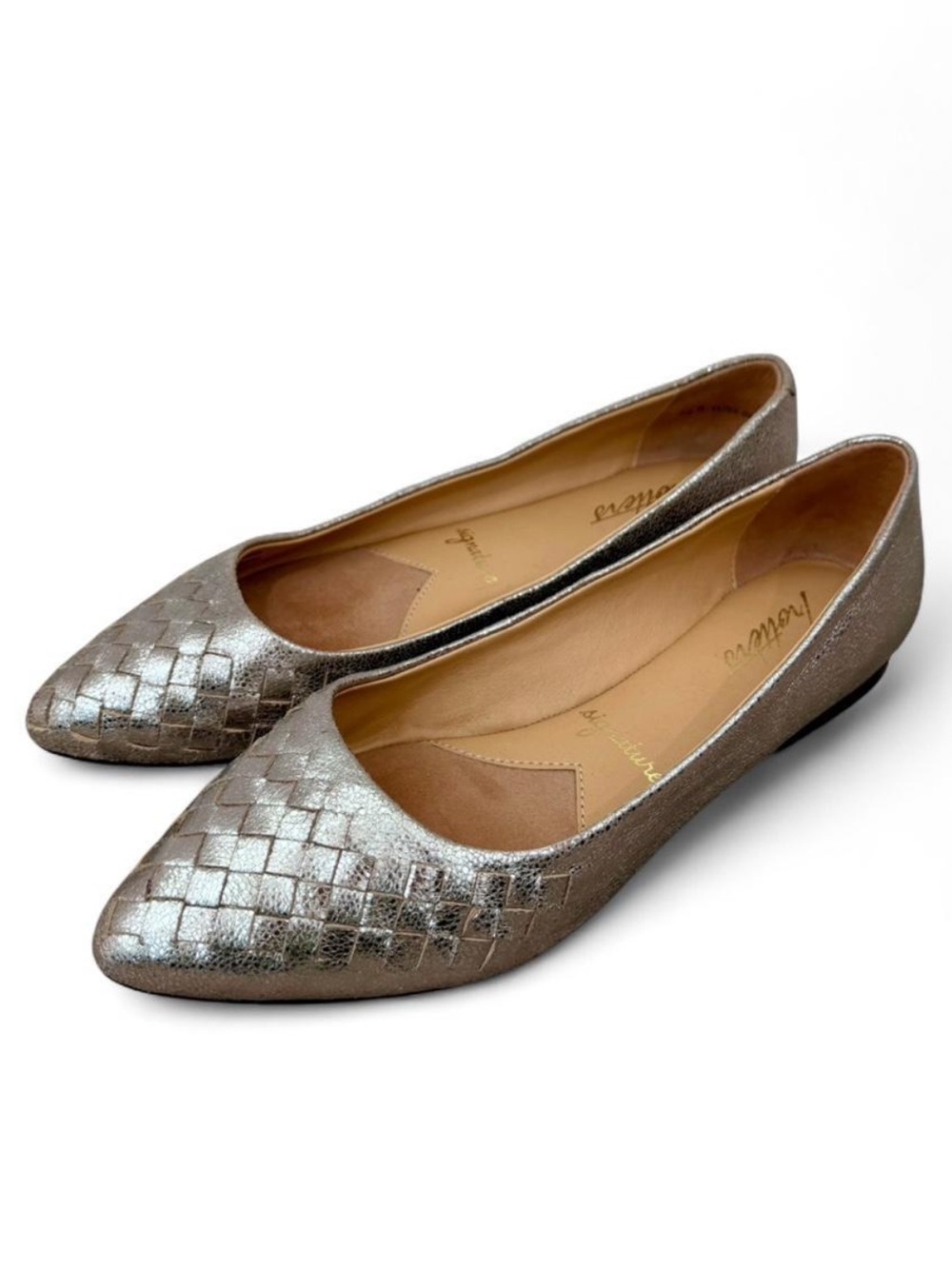 Women's Trotters Estee Flat Woven Leather Silver Metallic 7.5 Streetwear Chic